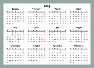 Horizontal calendar grid for 2024 in A4 format, week starts from Monday