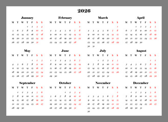Horizontal calendar grid for 2026 in A4 format, week starts from Monday