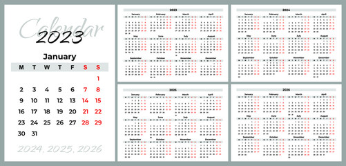 Horizontal calendar grids for 2023-2026 in A4 format, week starts from Monday