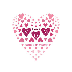 Happy Mother's Day. The inscription I love mom on a white background with hearts. Banner, greeting card.