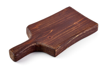 Old shabby cutting board, isolated on white background.