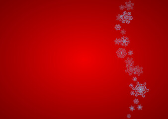 Fototapeta na wymiar Christmas frame with snowflakes on red background. Santa Claus colors. Horizontal Christmas frame for holiday banners, cards, sales, special offers. Falling snow with bokeh and flakes for celebration