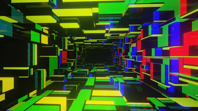 abstract neon tunnel. Hi-tech neon sci-fi tunel. Trendy neon glow lines form pattern and construction in mirror tunnel. Fly through technology cyberspace. 3d looped seamless 4k bright youth background