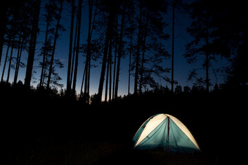 Tent with lights on the background of the forest and starry sky