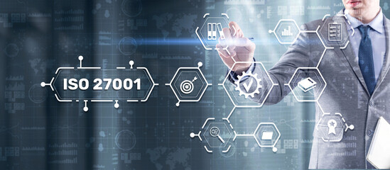 ISO 27001. International information security standard. Concept of ISO standards quality control...