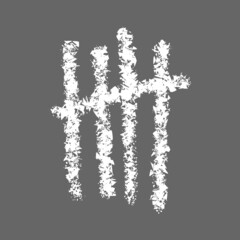 Chalk hand drawn tally mark. Counting stripes on chalkboard. Number 5 symbol in unary numeral system. White sticks sorted by four and crossed out by slash line. Vector illustration