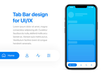 Mobile application tab bar for UI UX presentation and apps. Navigation dock bar. Bottom bar template. UI or UX design concept with high quality realistic smartphone on white background isolated. - obrazy, fototapety, plakaty