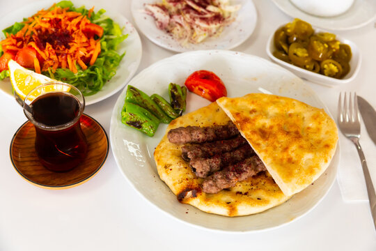 The image of the national Turkish meat dish, which is called shish kofte (Isparta sis Kofte).