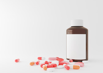 Pills and bottle with blank label on the white background. Medicines, tablets. Medical bottle mock up. Health, healthcare concept. Free, copy space for your text. 3d rendering.
