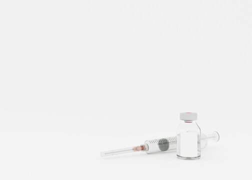 Syringe and blank bottle with vaccine on white background. Vaccine bottle mock up. Medicine, vaccination, healthcare concept. Free, copy space for your text. 3d rendering