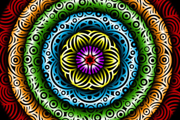 seamless circular circle candy colour caleidoscope gradient flower art pattern of indonesian traditional tenun batik ethnic dayak ornament for wallpaper ads background 