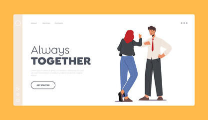 Characters Greeting Landing Page Template. Male and Female Hitting with Elbows. Alternative Noncontact Greetings, Meet
