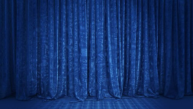 Realistic 3D animation of the stylish and cozy shining fancy textured blue stage curtain with blue silk carpet floor rendered in UHD with alpha matte