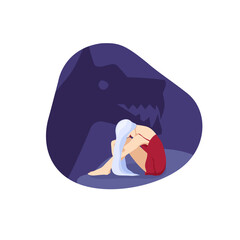 Flat vector illustration. Woman sitting and hugging her knees. Silhouette of monster on background. Concept of depression and fear