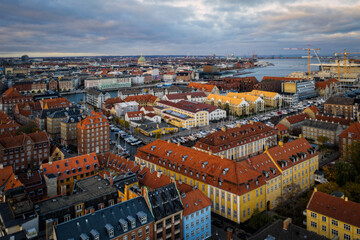 Beautiful aerial view of Copenhagen from above, Denmark. Aerial drone shot, november 2021