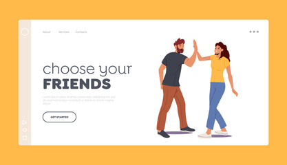 Friendship Landing Page Template. Male and Female Characters Informal Greetings, Happy People Giving High Five