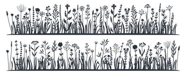 Black silhouettes grass flat icon set. Wild meadow herbs, flowers isolated on white background, Leaf borders, flower elements, nature background vector illustration. Land concept for template design