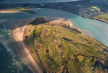 Aerial view of Dublin coast and sandy beach in Ireland 