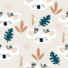 Seamless pattern with cute koala and tropical plants. Vector hand drawn illustration. © bilaaa