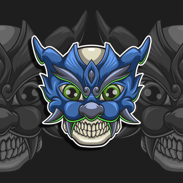 Skull head with blue cat monster mask logo illustration