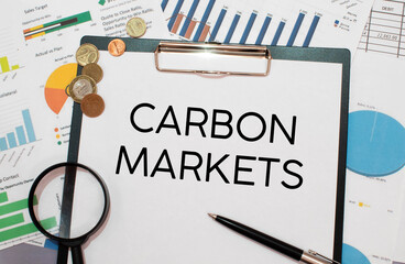CARBON MARKETS. text on white paper near dollar bills.