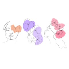 Abstract poster with minimal female face with flowers and a butterfly. One line drawing style