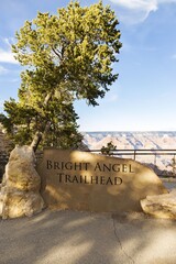 Bright Angel Hiking Trail Stone Table Sign at South Rim of Grand Canyon, Arizona US National Park
