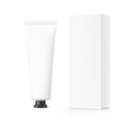 Blank plastic tube mockup with black octagonal cap and box. Vector illustration isolated on white background. Can be use for your design, advertising, promo and etc. EPS10.	