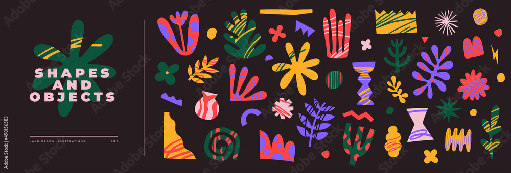 Aufkleber Collection of abstract graphic forms on a dark background. Minimalist elements in the style of modern art. Universal vector illustration for your design in a flat style. Shapes and objects.