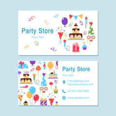 Party store business card template. Event service visit card design. Bright colorful celebrating flat elements for birthday party carnival festival. Fun cake mask balloon muffin vector illustration.