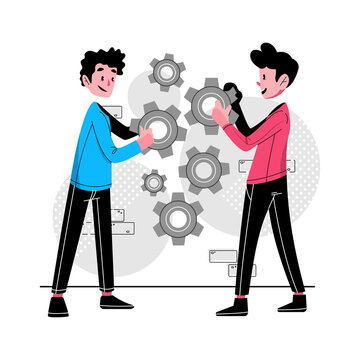 Solving Problem concept vector Illustration idea for landing page template, difficult work teamwork assemble, effective business solution strategy, successful performance.  Hand drawn Flat Style