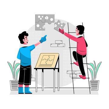 Solving Problem concept vector Illustration idea for landing page template, difficult work teamwork assemble, effective business solution strategy, successful performance.  Hand drawn Flat Style