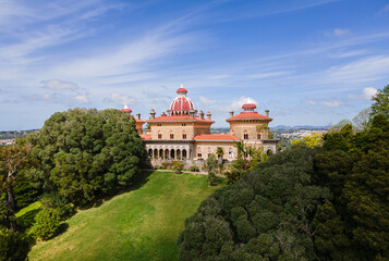 The Monserrate Palace in Sintra. Aerial drone panorama of Famous place in Portugal