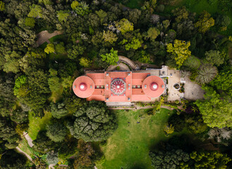 The Monserrate Palace in Sintra. Aerial drone top-down view of Famous place in Portugal - obrazy, fototapety, plakaty