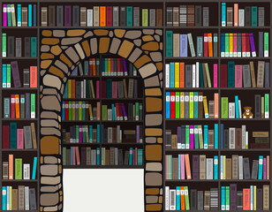 many books on the bookshelf, vector illustration