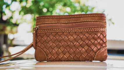 Close up part of women's leather bag