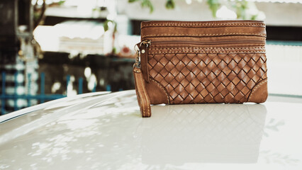 Close up part of women's leather bag