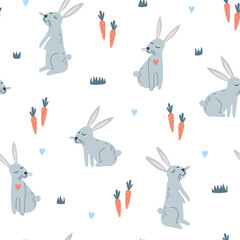 Seamless pattern with cartoon rabbits and carrots. Gray cute bunnies.