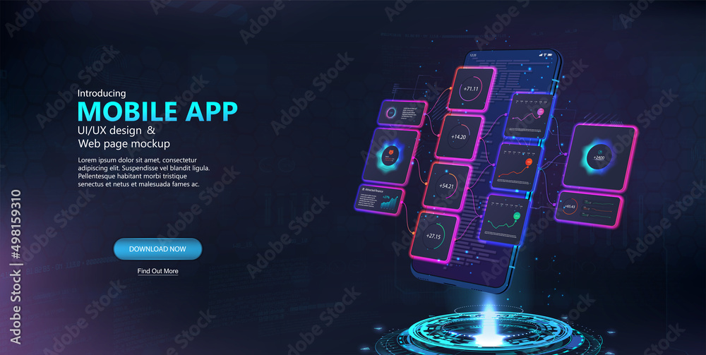 Poster Toolkit UI, UX and optimization of the application, transitions, scenes. Mockup Mobile App in 3D smartphone. Usability and programming, creation user interface. UI, UX, KIT, 3D Mockup. Vector webpage