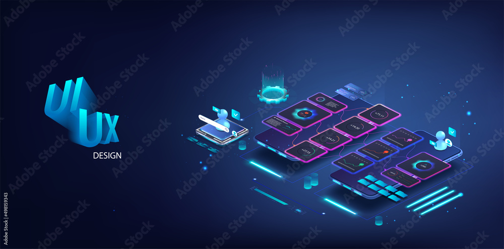 Poster Modern UI UX KIT design. The process of creating a mobile app interface, scenes, programming and usability, interaction with active blocks. UI, UX KIT tools. Modern Mobile App design 3D. isometric