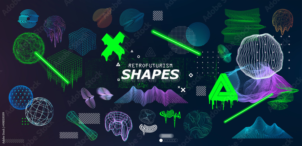 Poster toxic and futuristic colors on trendy universal shapes with glitch, fluid effect. vaporwave and memp