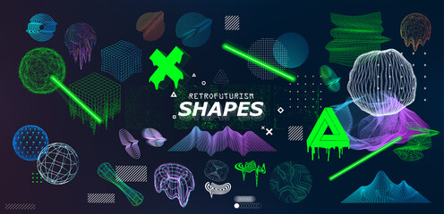 Toxic and futuristic colors on trendy universal shapes with glitch, fluid effect. Vaporwave and memphis shapes with retrofuturistic style forms. Memphis universal shapes for t-shirt, merch. Vector set