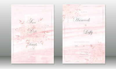 Wedding invitation card template elegant of pink background with watercolor texture and rose bouquet