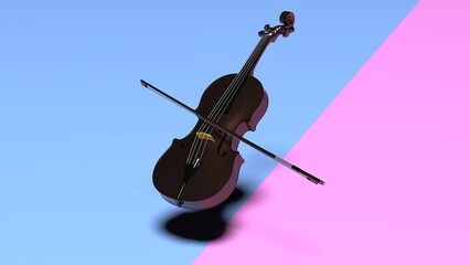 Brown-Gold classic violin on pink-blue plane under spot lighting background. 3D sketch design and illustration. 3D high quality rendering.