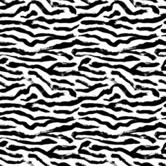 Black and white zebra stripes seamless pattern. Horizontal brush strokes background. Hand drawn vector wild ornament. Ink illustration of zebra skin texture. Black and white grunge sketch. 