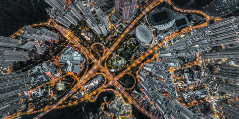 Aerial view of Hong Kong city at magic hour - obrazy, fototapety, plakaty