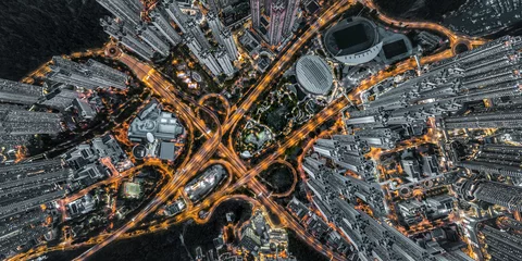 Foto op Plexiglas Aerial view of Hong Kong city at magic hour © YiuCheung