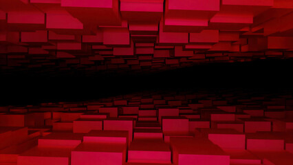 A bright saturated tunnel. Design. An empty tunnel that moves from bottom to top with darkness inside and red squares on the sides.