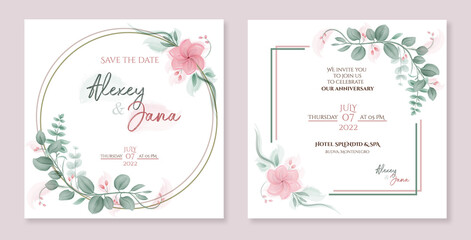 A wedding (anniversary) invitation template set with watercolor flowers and leaves decoration. A botanic card design concept with two sides of one.