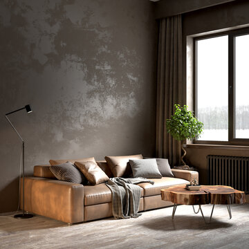 Living room interior in loft, scandinavian style, 3d render